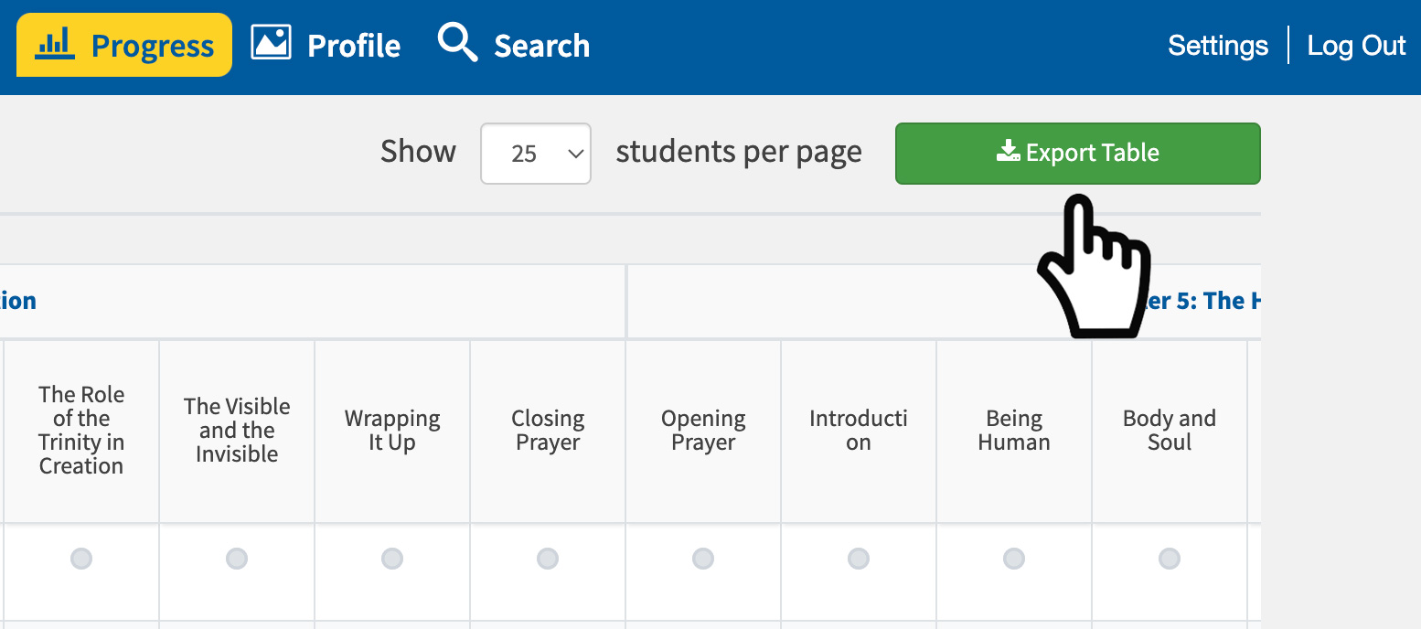 progress export table